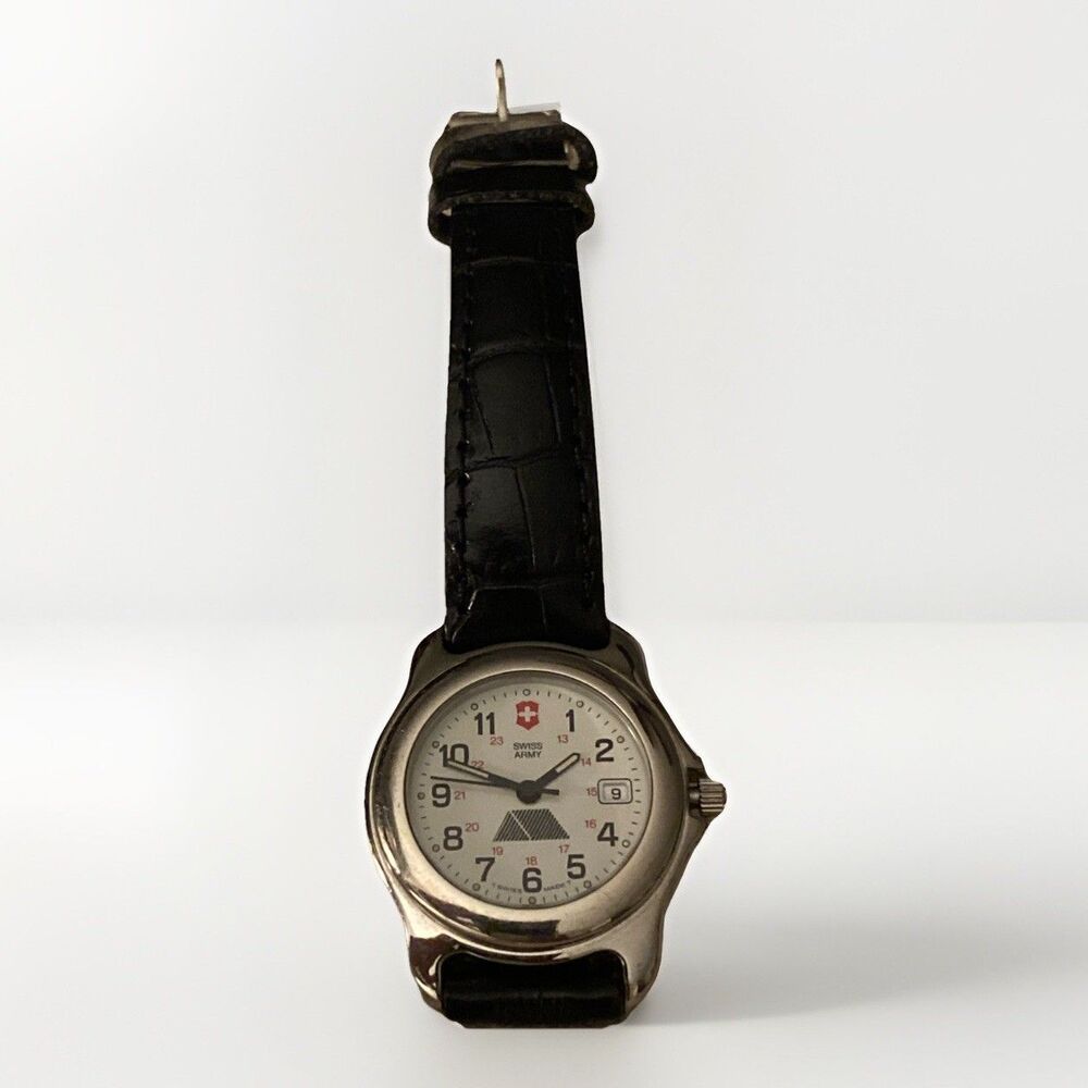 Vtg Ladies 90s Swiss Army White Dial Black Leather Quartz Watch Swiss Alps Logo